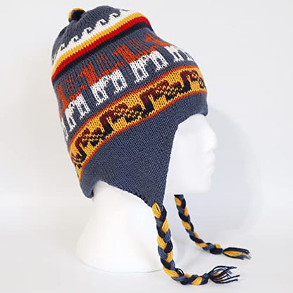 Alpaca Wool Blend Winter Hat Chullo Inca Peruvian Design Reversible with Earflaps. Beanie Medium Size. Unisex - color: Navy Blue/Steel Blue