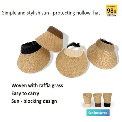 Sun Visor Hats for Women Wide Brim Straw Visors Womens Foldable Beach Visors Summer Packable Ponytail Beach Hat UPF50+ Khaki