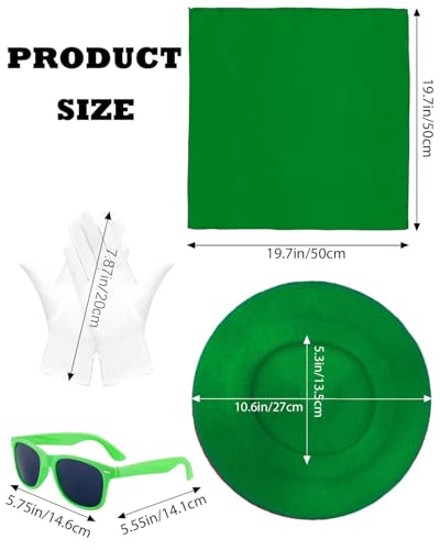 French Beret Hat Set,4 Pcs Solid Wool Beanie Hat with Chiffon Scarf Gloves Retro Sunglasses for Fancy Dress Costume - color: Saint Patrick's Theme