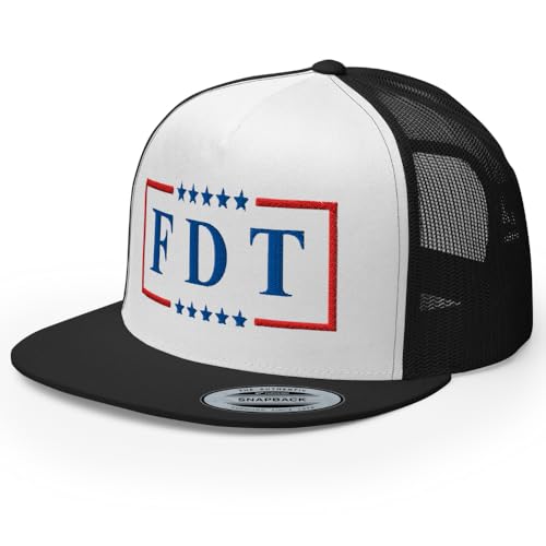 NX FDT Embroidered Flat Bill Trucker Hat High Crown Adjustable FDT Hat - color: Black/ White/ Black