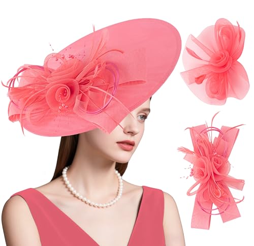 dressfan Wide Brim Fascinator Derby Hats for Women,20s Detachable Flower Hat with Headband for Derby Church Wedding Tea Party - color: Watermelon Red