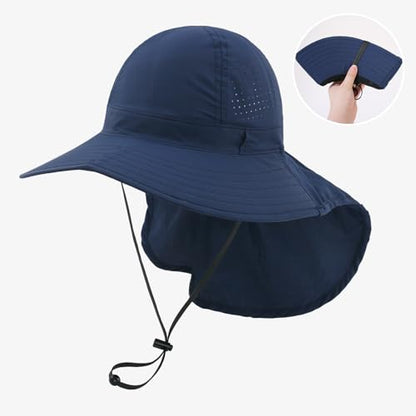 Sun Hats for Men Women with Neck Flap UPF 50+ UV Protection Wide Brim Bucket Hat Safari Hiking Fishing Hats - color: Navy