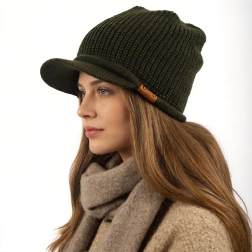 Winter Beanie with Visor - Stylish Knit Hat with Bill - Thick Brimmed Beanies with Fleece Lining Men and Women - color: B326-green