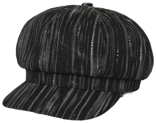 Womens Striped Octagonal Newsboy Cap Vintage Ivy Paperboy Cabbie Gatsby Painter Hats Fashion Beret Hat for Daily - color: Black