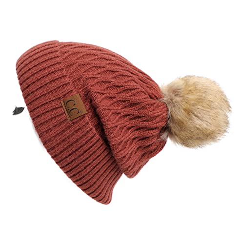 C.C Hatsandscarf Exclusives Unisex Solid Ribbed Beanie with Pom (HAT-43) - color: A Honey Comb Pattern(rayon)-brick