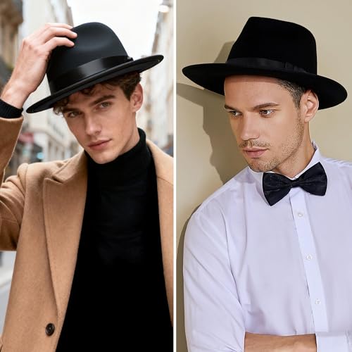 BABEYOND 1920s Fedora Hat for Men Gatsby Wide Brim Hat Felt Panama Cap - color: Black With Black Ribbon