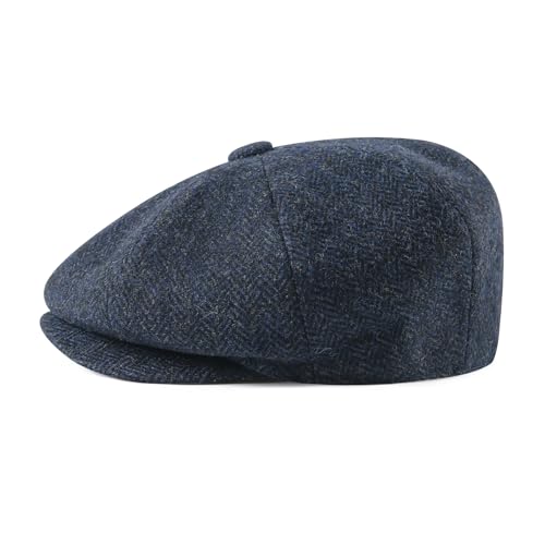 Men Wool Blend 8 Panel Newsboy Cap - color: Herringbone Navy, size: 7 3/8