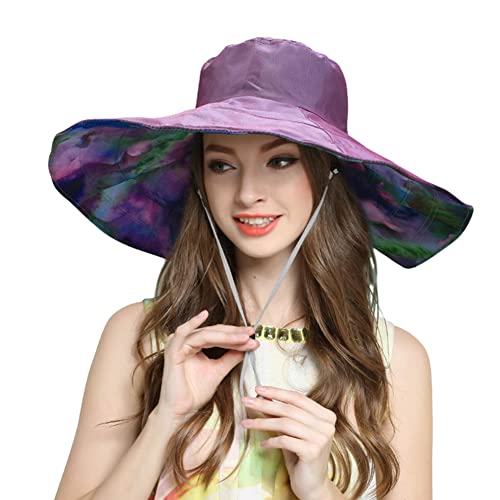 Women Super Wide Brim Beach Hat Reversible Floppy Sun Hat Packable Travel Bucket Cap Visor UPF50+ - color: Light Purple