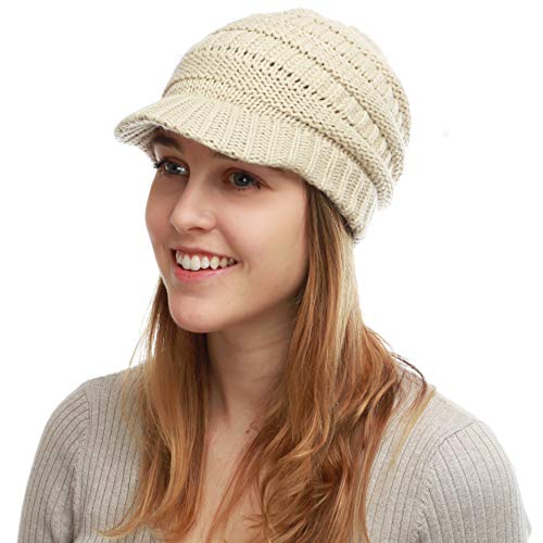The Hat Depot - Visor Beanie Unisex Winter Knit Skull Beanie with Brim Hat - color: 1. Beige