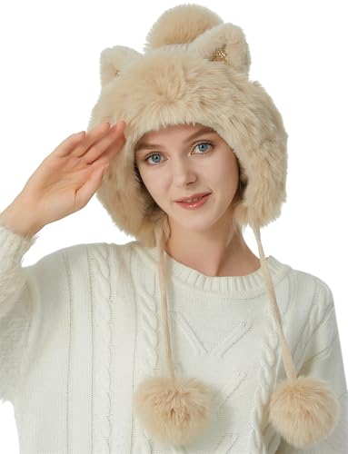 Womens Beanie Winter Hats Warm Pompom Faux Fur Crochet Skull Ear Cap - color: Apricot