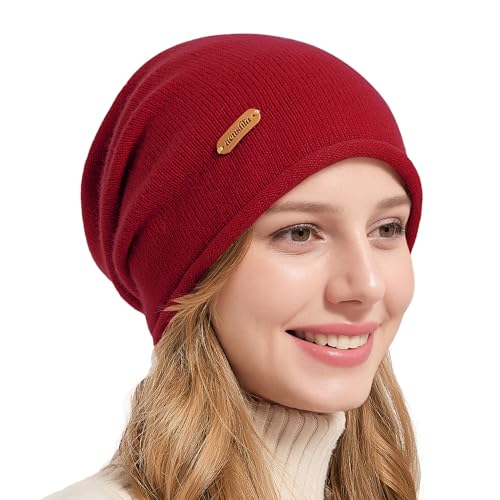 ACUSHLA 100% Merino Wool Slouchy Beanie for Women Men Winter Hat Skull Cap - color: Red