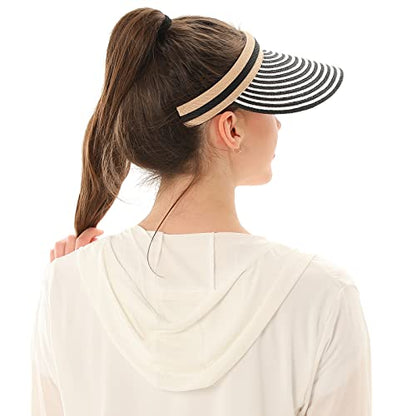 Women Summer Sun Hat Lady's Portable Beach Visor Bowknot Straw Hat - color: Black Stripe