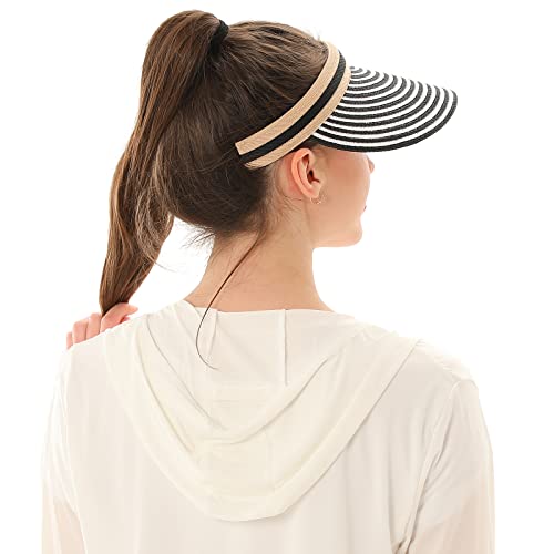 Women Summer Sun Hat Lady's Portable Beach Visor Bowknot Straw Hat - color: Black Stripe
