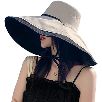 HUAMULAN Women Summer Vacation Wide Brim Sun Hat Reversible Fishing Hats - color: Blackbeige