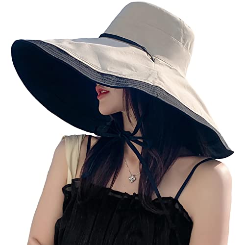 HUAMULAN Women Summer Vacation Wide Brim Sun Hat Reversible Fishing Hats - color: Blackbeige