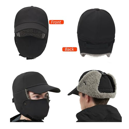 Trapper Hat for Men Women Waterproof Winter Warm Baseball Cap with Ear Flaps and Mask - color: Black, size: Large