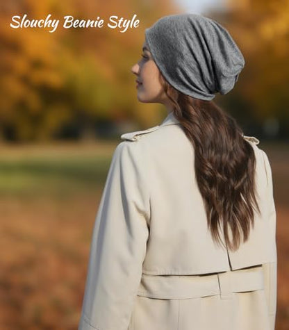 Slouchy Beanie for Women Men Thin Knit Winter Hat 93% Cotton Beanies - color: Dark Grey