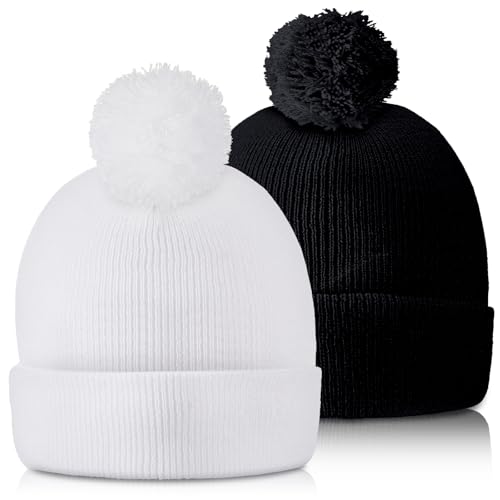 Geyoga 2 Pcs Pom Beanie Hat Men Women Winter Hat Pom Knit Cap Beanies with Ball at Top Acrylic Winter Cap with Cuff - color: Black, White, style: Classical