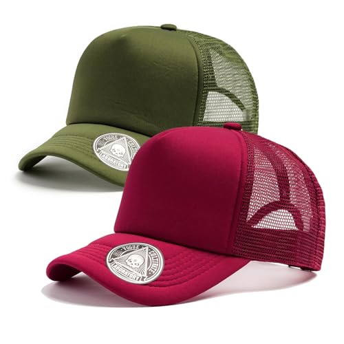 2-Pack Classic Foam Trucker Hat Summer Mesh Hat Lightweight Adjustable Back Buckle Strap - color: Burgundy/Green