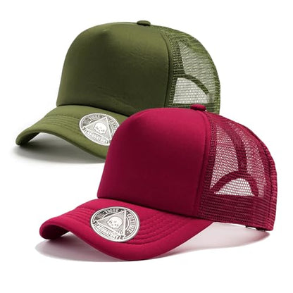 2-Pack Classic Foam Trucker Hat Summer Mesh Hat Lightweight Adjustable Back Buckle Strap - color: Burgundy/Green