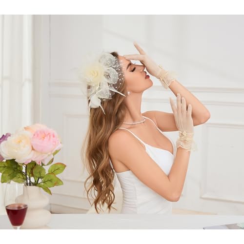 GurZinn Fascinator Hat Veil Feather Fascinator Tea Party Bridal Wedding Veil Pillbox Hat - color: C-white Hat&glove