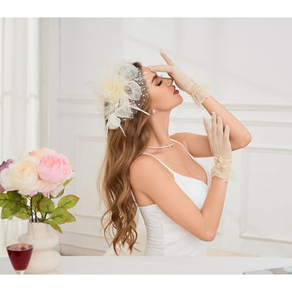 GurZinn Fascinator Hat Veil Feather Fascinator Tea Party Bridal Wedding Veil Pillbox Hat - color: C-white Hat&glove