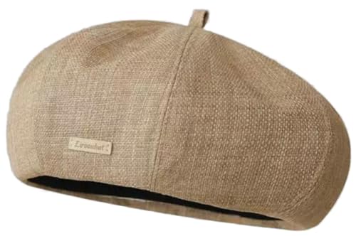 Women's Cotton Linen Beret Hat Vintage French Breathable Slouchy Beanie Cap Casual Painters Hat for Spring Summer - color: Khaki