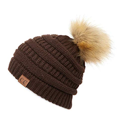 C.C Fur Pom Winter Fall Trendy Chunky Stretchy Cable Knit Beanie Hat - color: Solid Brown