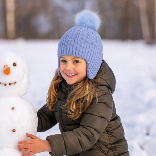 Toddler Earflap Beanie Hat with Rainbow Pom for Little Girls Knitted Beanies Kids Winter Skiing Caps Age 3-8 - color: Blue
