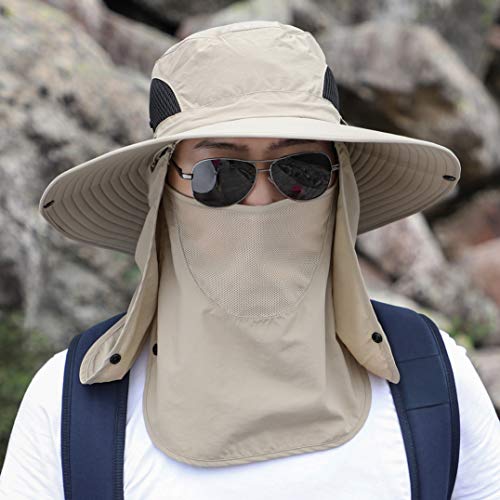 Men Women Safari Bucket Fishing Sun Hats Face Cover Neck Flap - color: Beige Solid
