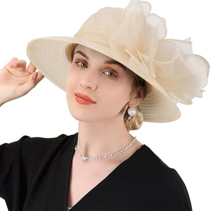 DRESHOW Lady Derby Dress Church Bowler Cloche Hat Bowknot Organza Bridal Cap for Wedding - color: 1 Pack Bowler Hat: Beige