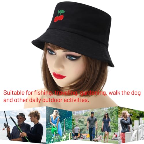 Cotton Bucket Hat for Women Men Summer Travel Sun Beach Bucket Cap, Unisex Outdoor Fisherman Hat - color: Cherry Black