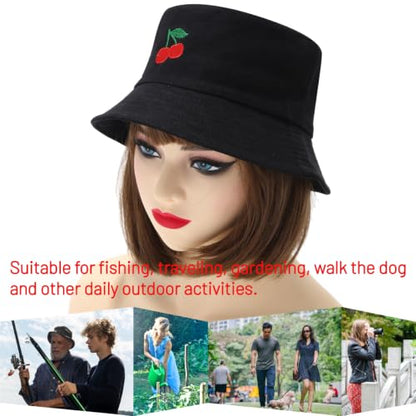 Cotton Bucket Hat for Women Men Summer Travel Sun Beach Bucket Cap, Unisex Outdoor Fisherman Hat - color: Cherry Black