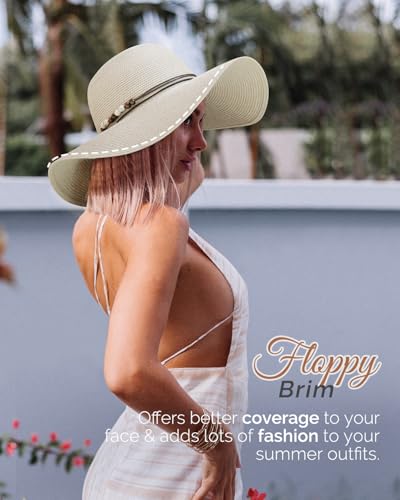 Womens Floppy Straw Sun Hat Wide Brim UPF 50 Sun Protection Packable Summer Beach Hats with Wind Lanyard - color: Beige, size: Medium