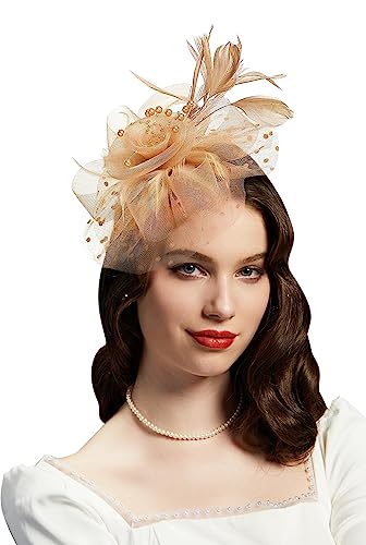 Fascinators Hat for Women Tea Party Headband Kentucky Derby Wedding Flower Cocktail Mesh Feathers Hair Clip - color: 1-gold