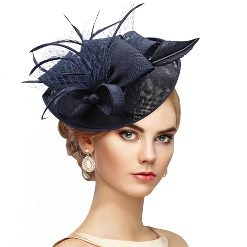 Zinniday Kentucky Fascinators Hats for Women - Vintage Tea Party Outfit Headband Church Derby Hat for Women (9.64x7.87inch) - color: Navy Blue