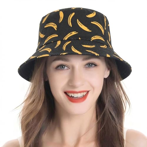 ZLYC Printed Bucket Hat for Women Men Packable Summer Sun Hat for Beach - color: Banana Black