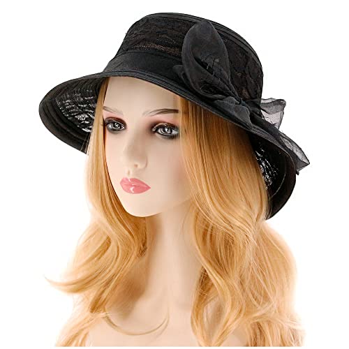 Haoohu Women's Church Derby Hat Wide Brim Bow Bucket Hat Wedding Dress Hat Fascinator Bridal Tea Party Hat - color: Mb Black