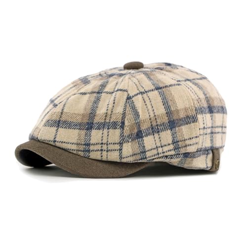 Men's Faux Woolen Tweed Plaid Ivy Cabbie Gatsby Newsboy Golf Paperboy Hat Cap - color: 877beige