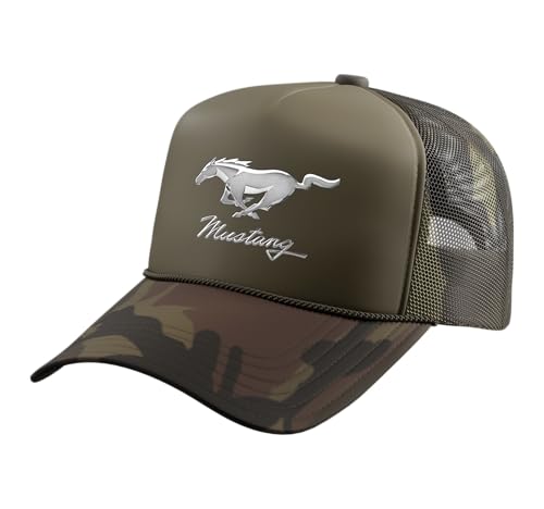 Mustang Emblem Trucker Hat with Adjustable Mesh Back - color: Camo Green