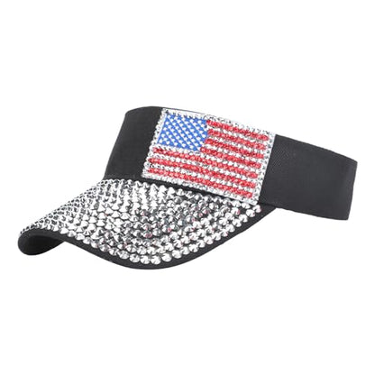 Shiny Rhinestones American Flag Sun Visor Hat Summer Outdoor Open Top Baseball Cap Adjustable Sparkly Party Headwear - color: American Flag - Black