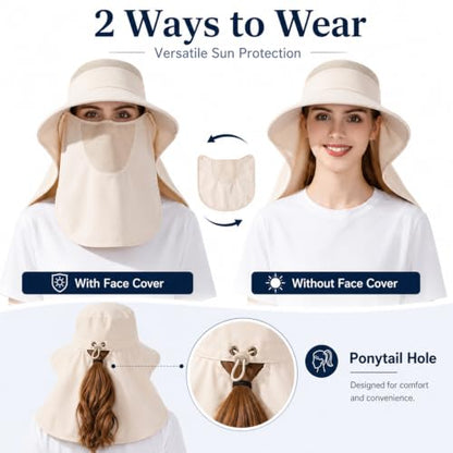 HUAMULAN Women Wide Brim Sun Hat Ponytail UV Protection Visor Fishing Cap - color: Beige