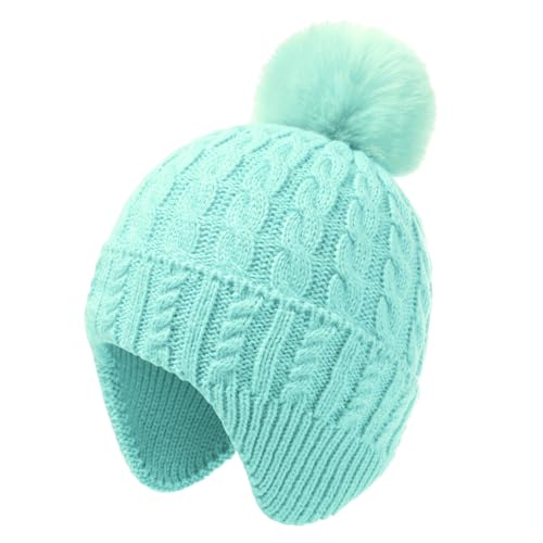 MEJORMEN Toddler Baby Winter Hat with Earflap Kids Warm Twisted Knit Beanie with Pom Pom Kids Ski Hat for Infant Girls Boys - color: Mint Green, size: 6-24 Months
