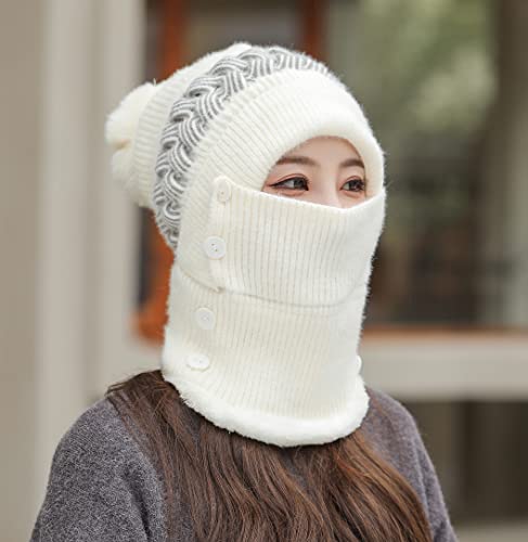 HUAMULAN Women Winter Knit Balaclava Fleece Lined Hooded Beanie Hats - color: Cream White, size: One Size