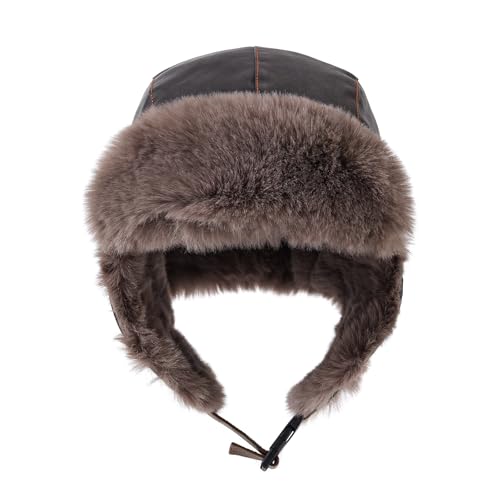 Faux Fur Trapper Hat Womens Winter Hats with Ear Flaps Leather Ushanka Russian Hat for Men Cossack Hunter Ski Caps - color: Mg-lfm25119-dark Coffee
