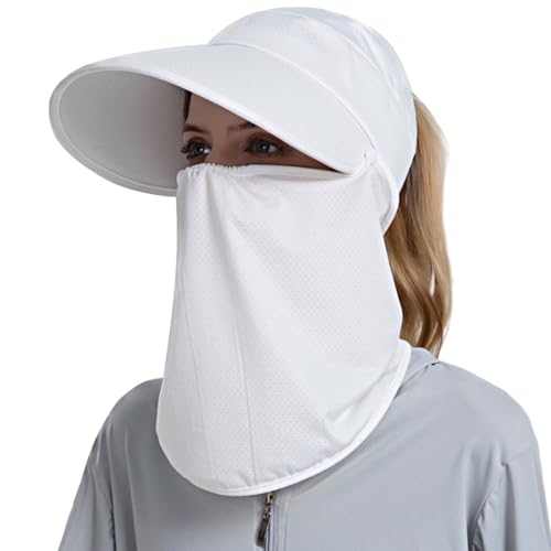 Women Wide Brim Face Mask Sun Hat Detachable Neck Face Flap Ponytail UV Protection Visor Hat Garden Fishing Hiking - color: Bg8094-baise