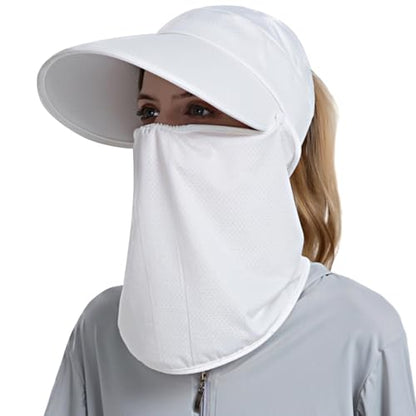 Women Wide Brim Face Mask Sun Hat Detachable Neck Face Flap Ponytail UV Protection Visor Hat Garden Fishing Hiking - color: Bg8094-baise