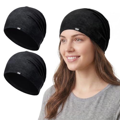 2Pcs Slouchy Beanie for Men Women Lightweight Breathable Hair Liner - color: Black + Black