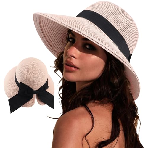 DRESHOW Sun Hats for Women Travel Fedora Foldable Beach Sun Hat Summer Wide Brim Straw Bucket Hat with Bowknot UPF 50+ - color: 1 Pack With Bowknot: Nude Pink