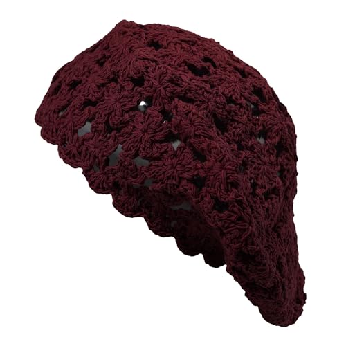 ZLYC Women Cotton Slouchy Crochet Beret Handmade Cutout Floral Beanie Hat - color: Burgundy